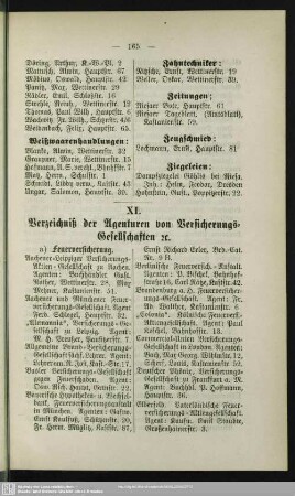 XI. Verzeichniß der Agenturen von Versicherungs-Gesellschaften etc.