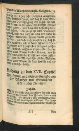 Anhang zu dem XVII. Capitel Fortsetzung und Beweiß-Gründe von der Warheit und Göttlichkeit Christlicher Religion.