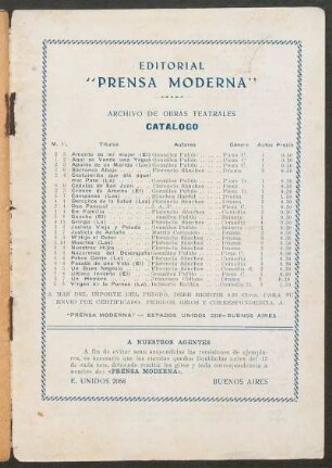 Catálogo : Archivo de obras teatrales. Editorial "Prensa Moderna"