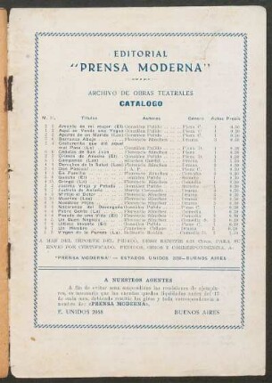 Catálogo : Archivo de obras teatrales. Editorial "Prensa Moderna"