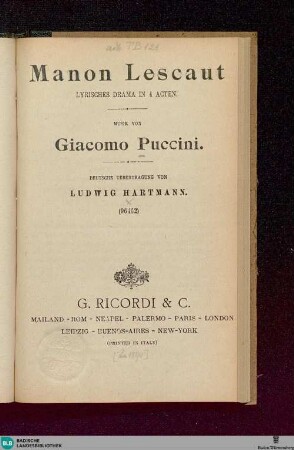 Manon Lescaut : lyrisches Drama in 4 Acten