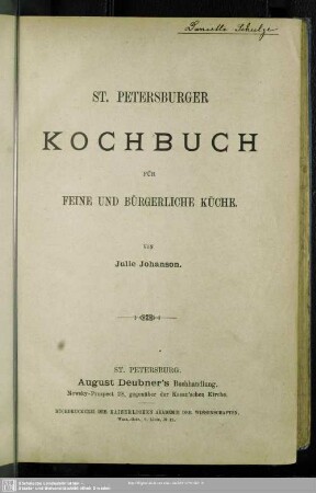 St. Petersburger Kochbuch für feine und bürgerliche Küche