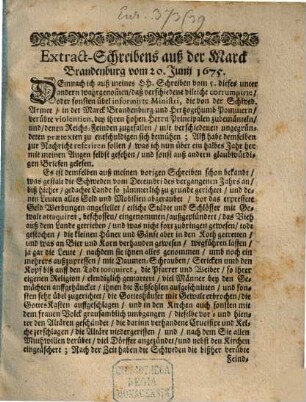 Extract-Schreibens auß der Marck Brandenburg vom 20. Junij 1675.