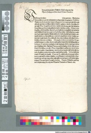 Von gottes genaden Wilhelm Pfallnntzgrave bey Rhein, Hertzog in Obern unnd Nidern Bairn[n] [et]c. (U)nnsern grus zuvor [Lücke] lieber getrewer. Wir haben ... gemaine unnser Landschafft in unser Stat Ingolstat erfordert, welche erfordrung aus fürfallenden kriegßübungen dazumal geschoben haben werden müssen. Dieweil aber so gethane beschwärden ... nit abgestellt ... notturfft erfordert, zuberatschlagen ... Demnach erfordern wir euch, das Ir ... Auf den Sontag nach der heiligen dreier König tag ... in unnser Statt Lanndßhuet ankhomen ... wellet ...