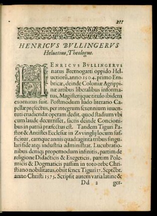 Henricus Bullingerus Helvetius, Theologus.