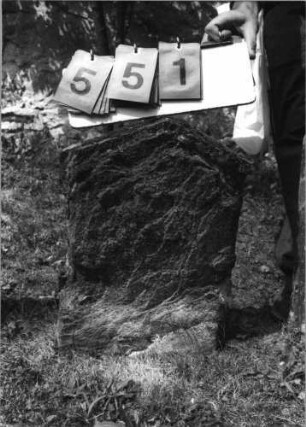 Grabstein 551 (Index: 99789114) Material: Sandstein Zustand: verwittert mit vollständigem Textverlust Maße HxBxT: 61x39x7 cm Besonderheit: Kindergrab: Grabstein 551