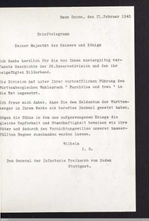 Telegramm des Kaisers und Königs