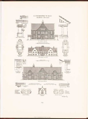 Irrenhaus, Berlin-Buch: Grundriss EG, 1.OG, Vorderansicht, Seitenansicht, Details Kochküche, Grundriss EG, 1.OG, Vorderansicht, Details Badehaus (aus: Neubauten der Stadt Berlin, Bd. VII, 1908)