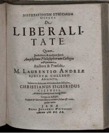 Disputationum Ethicarum Octava De Liberalitate [...]