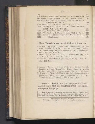 Neue Verzeichnisse verkäuflicher Münzen etc.