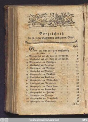 Verzeichniß der in dieser Sammlung enthaltenen Gebete.