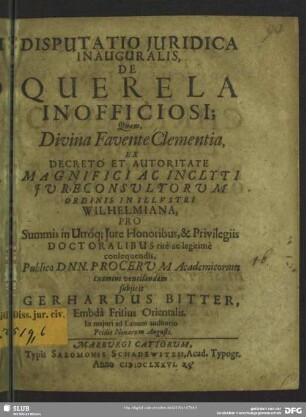 Disputatio iuridica inauguralis, de querela inofficiosi