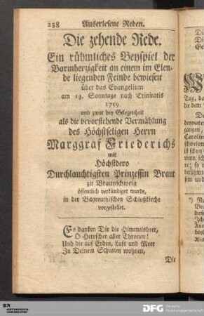 Die zehende Rede. Ein rühmliches Beyspiel der Barmherzigkeit an einem im Elende liegenden Feinde...