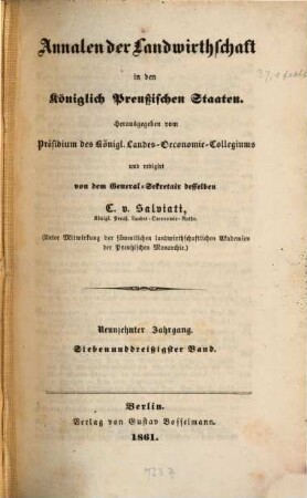 Annalen der Landwirthschaft in den Königlich Preußischen Staaten, 37. 1861 = Jg. 19