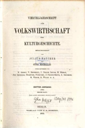Vierteljahrschrift für Volkswirtschaft, Politik und Kulturgeschichte. 3,1 = Bd. 9. 1865
