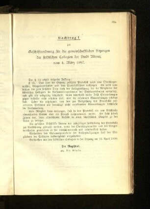 Nachtrag I zur Geschäftsordnung für die gemeinschaftlichen Sitzungen der städtischen Collegien der Stadt Altona, vom 4. März 1897.
