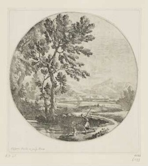 Landschaft mit zwei Personen am Ufer, aus: "Landschaft mit Staffage im Rundformat"