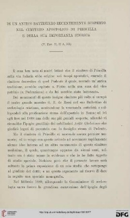 7: Di un antico battistero recentemente scoperto nel cimitero apostolico di Priscilla e della sua importanza storica