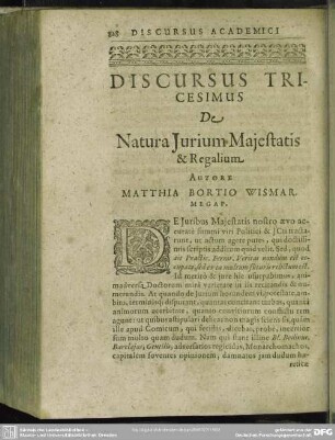 Discursus Tricesimus De Natura Jurium Majestatis & Regalium