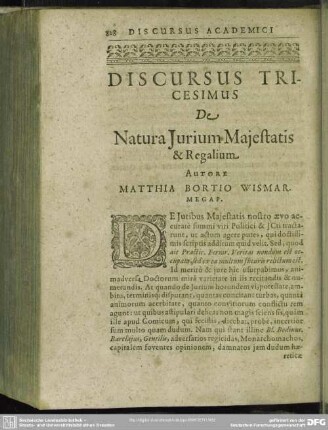 Discursus Tricesimus De Natura Jurium Majestatis & Regalium