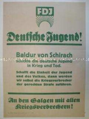Maueranschlag der FDJ mit der Forderung, alle Kriegsverbrecher "der gerechten Strafe" zuzuführen