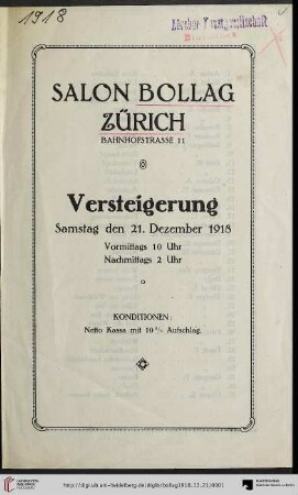 Versteigerung : Samstag den 21. Dezember 1918