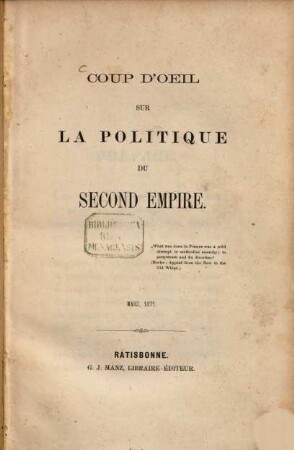 Coup d'oeil sur la politique du Second Empire