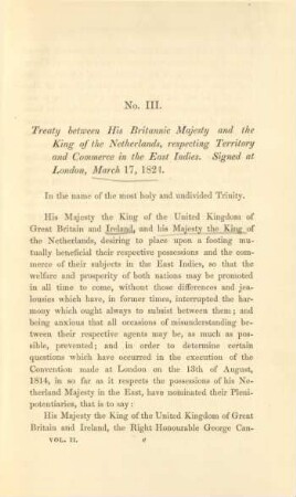 No. III. Treaty between His Britannic Majesty and the King of the Netherlands, respecting territory and commerce in the East Indies...