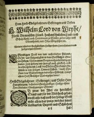 Dem Hoch-Edelgebohrnen [...] H. Wilhelm Cord von Weyhe [...]