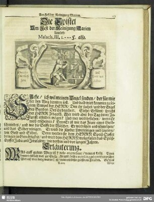 Die Epistel Am Fest der Reinigung Marien lautet: Malach. III. 1.-5.