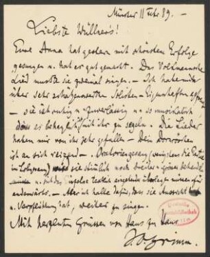 Briefkarte an Franz Wüllner : 11.02.1889