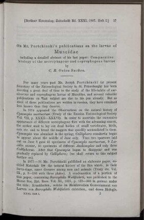 On Mr. Portchinski's publications on the larvae of Muscidae