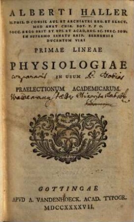 Alberti Haller Primae lineae physiologiae : in usum praelectionum academicarum