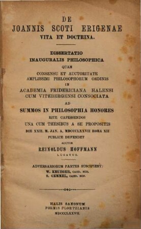 De Joannis Scoti Erigenae vita et doctrina : Dissertatio inauguralis