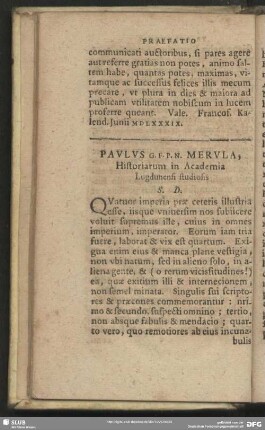 Paulus G. F. P. N. Merula, Historiarum in Academia Lugdunensi studiosis S. D.