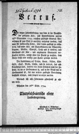 Verruf. : München den 26ten Sept. 1794. Churpfalzbaierische obere Landesregierung. Christoph v. Schmöger, chufürstl. obern Landesregierungs-Sekretär.