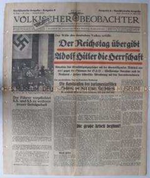 Titelblatt der Nationalsozialistischen Tageszeitung "Völkischer Beobachter" zur Annahme des Ermächtigungsgesetzes