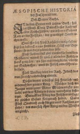 Aesopische Historia deß Froschmeuselers. Deß Dritten Buchs.