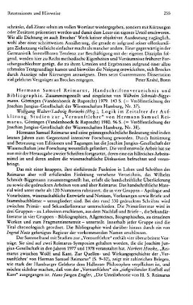 Schmidt-Biggemann, Wilhelm ::Hermann Samuel Reimarus, Handschriftenverzeichnis und Bibliographie, (Veröffentlichung der Joachim-Jungius-Gesellschaft der Wissenschaften, 37) : Göttingen, Vandenhoeck & Ruprecht, 1979