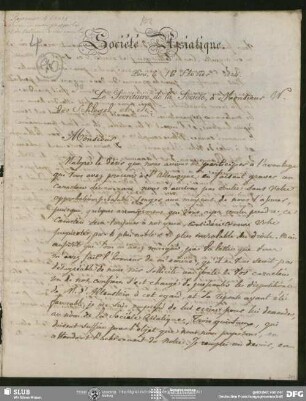 Eigenh. Brief auf Vordruck von Abel Rémusat an August Wilhelm von Schlegel, Paris, 16.02.1824