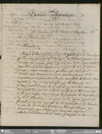 Eigenh. Brief auf Vordruck von Abel Rémusat an August Wilhelm von Schlegel, Paris, 16.02.1824