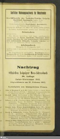 Nachtrag zum Offiziellen Leipziger Mess-Adressbuch 38. Auflage