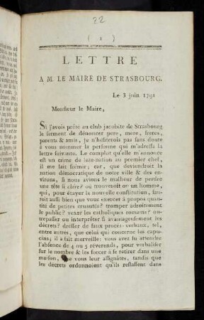 Lettre A M. Le Maire De Strasbourg : Le 3 juin 1791