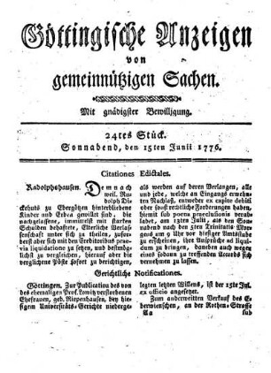 24tes Stück. Sonnabend, den 15ten Junii 1776.