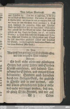 76. Frag. Was heist den gecreutzigten Leib Christi essen, und sein vergossen Blut trinken?