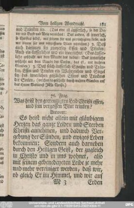 76. Frag. Was heist den gecreutzigten Leib Christi essen, und sein vergossen Blut trinken?