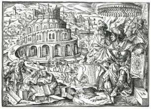 Turmbau zu Babel : Amman, Jost (1539-1591). Turmbau zu Babel. Holzschnitt; 11,0 x 15,3 cm. Dresden: Kupferstich-Kabinett A 4393 in A 138 f,1