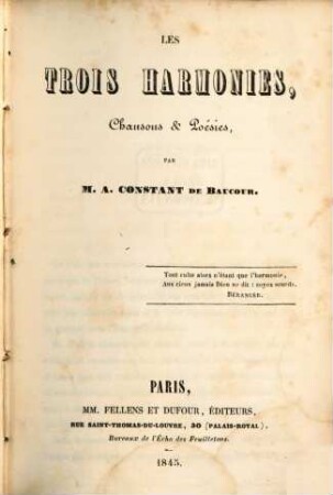 Les trois harmonies, chansons et poésies