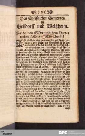 Den Christlichen Gemeinen in Geildorff und Weltzheim.