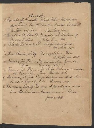 Handschriftliches Inhaltsverzeichnis des Sammelbandes